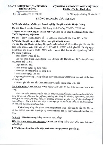 Thông báo đấu giá tài sản Chương Mỹ (lần 1)