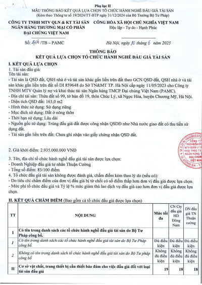 Thông báo kết quả lựa chọn tổ chức hành nghề bán đấu giá tài sản tại chương mỹ