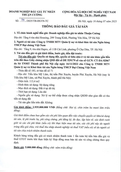 Thông báo đấu giá tài sản Phú Xuyên (lần 1)