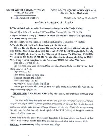 Thông báo đấu giá đất Quốc Oai (Lần 1)
