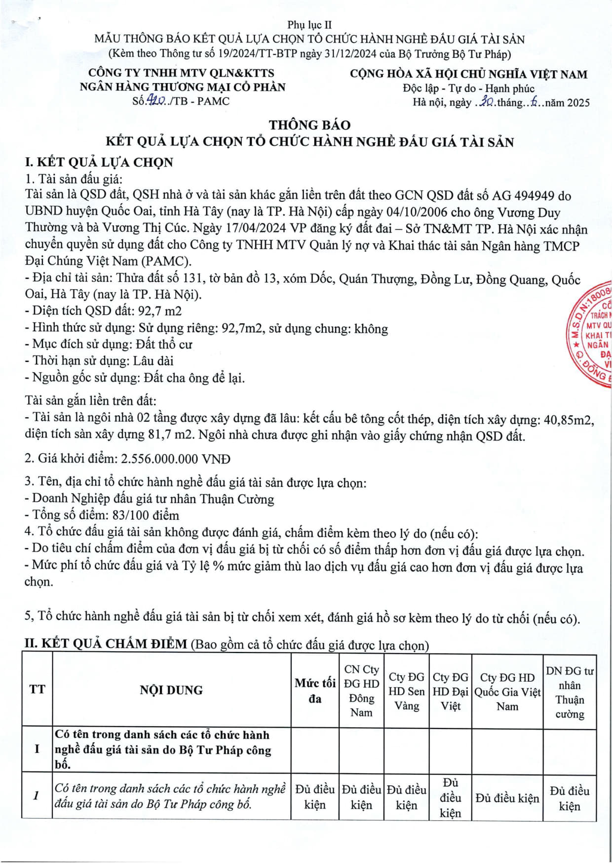 Thông báo 420 v.v kết quả lựa chọn tổ chức hành nghề bán DDGTS tại Quốc Oai_1