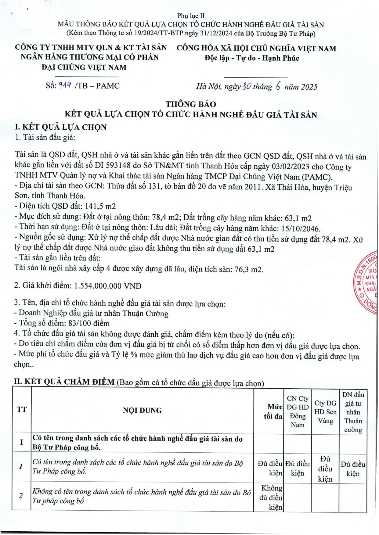 Thông báo 414 v.v kết quả lựa chọn tổ chức hành nghề bán DDGTS tại Thanh Hóa_1